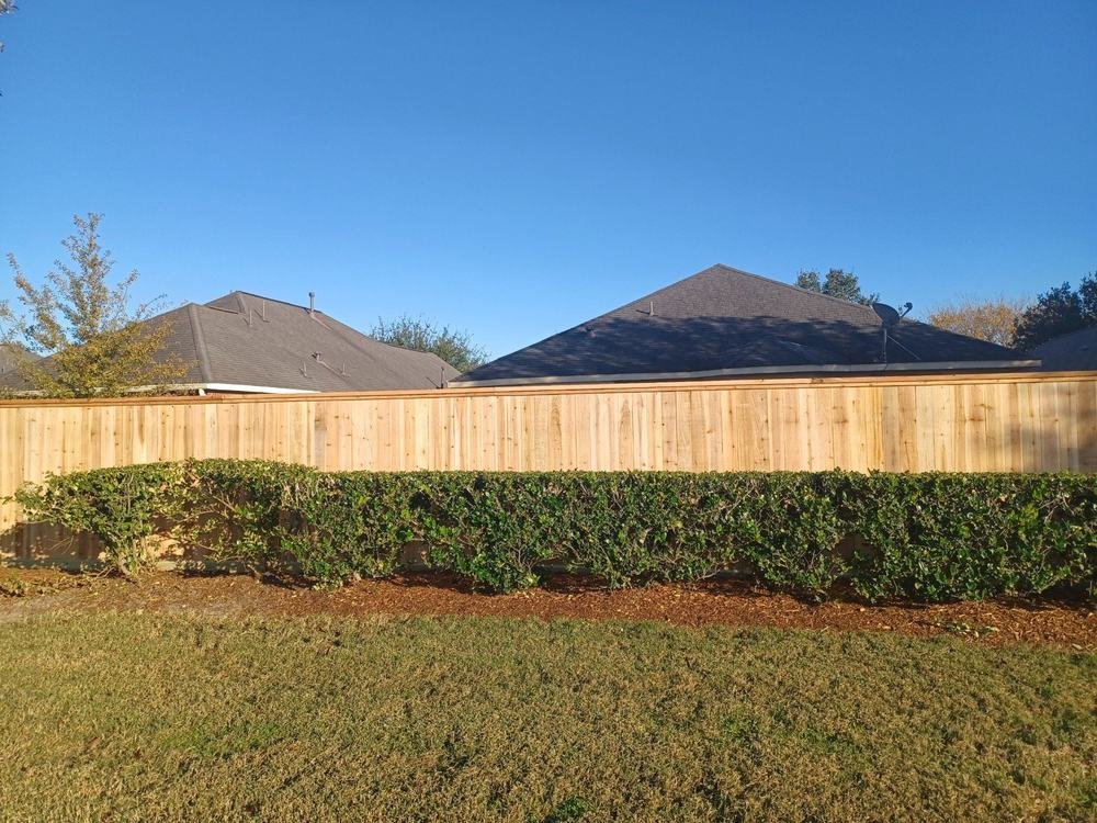 Long new wood fence beside a landscaped hedge